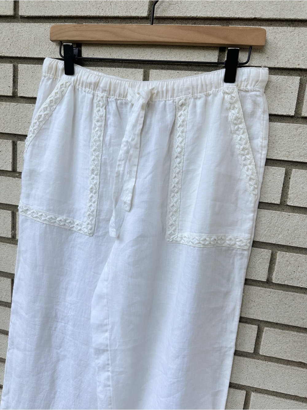 Joie S Ivory White Linen Wide Leg Pull On Pants Embroidered Crochet Trim - Picture 2 of 8